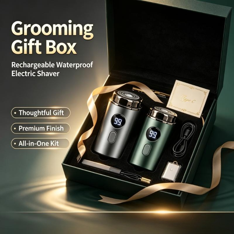 Mens Grooming Box - USB Rechargeable Waterproof Electric Shaver for